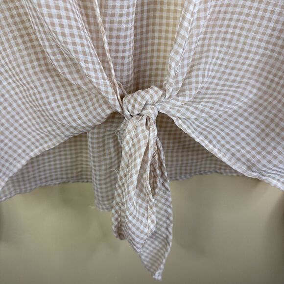 Farrow Womens Gingham‎ Open Front Tie Blouse Long Sleeve Size Small Beige Y2K - Picture 3 of 7